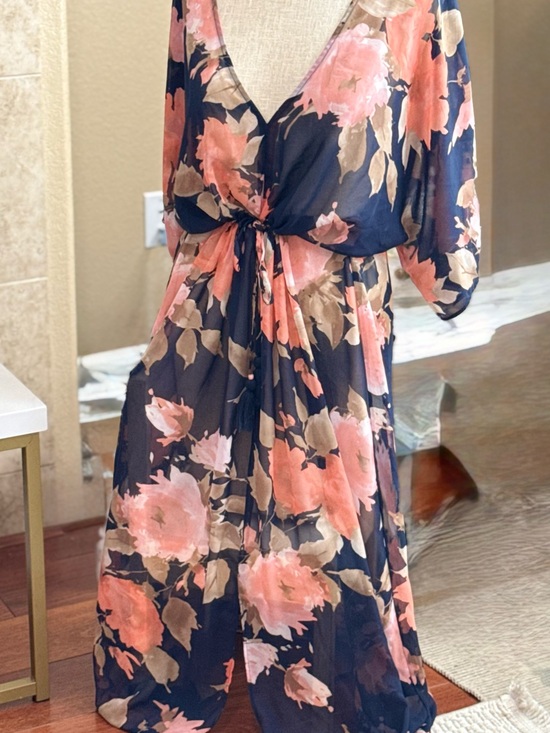 Cato Dresses & Skirts - CATO Floral Sheer Maxi Romper Navy Pink Wide Leg Kimono Cover Up Large
